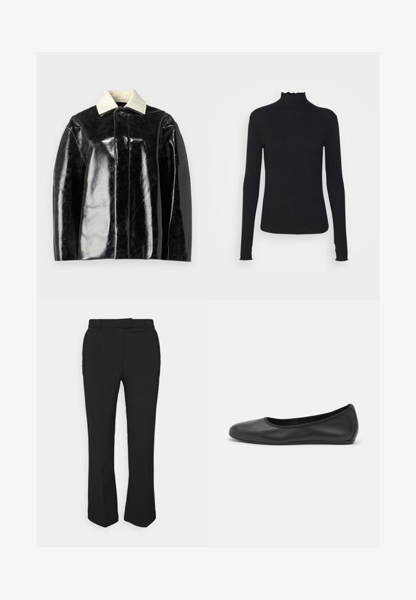 Crna sjajna jakna sa strukturiranim dizajnom, sa kremasto bijelim ovratnikom i kopčanjem na dugme, napravljena od glatkog, sjajnog materijala.; Crni dugi rukav turtleneck majica izrađena od glatkog materijala, s volanima oko vrata i uskim siluetom s jednostavnim rubovima.; Crne krojene hlače s ravnim krojem, s remenom na pojasu i bočnim džepovima. Izrađene su od glatkog materijala s urednim završetkom.; Crne kožne baletanke s zaobljenim vrhom, glatke teksture, minimalnim detaljima šavova i fleksibilnim dizajnom potplata.