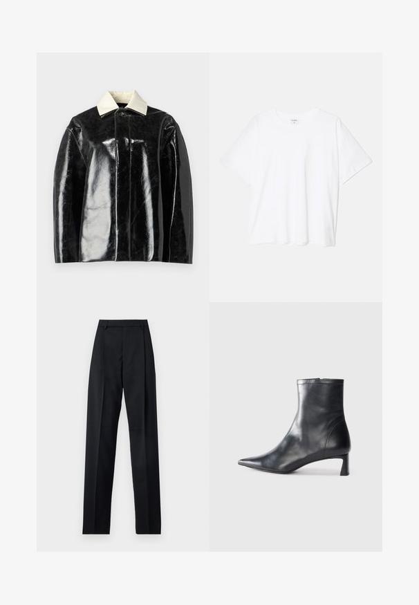 Fekete fényes dzseki strukturált kialakítással, krémszínű gallérral és gombos záródással, sima, fényes anyagból készült.; Fehér pamut póló rövid ujjal, kerek nyakkivágással, laza fazonnal és varrott szegéllyel. Címke látható a belső nyakrészén.; Fekete nadrág sima anyagból, magas derékkal, széles lábakkal, elülső redőkkel és klasszikus övhurkokkal. Oldalzsebek nem láthatók.; Fekete bőr bokacsizma hegyes orral és letisztult dizájnnal. Alacsony sarka és hátsó cipzáras záródása van. Simának tűnő textúra.