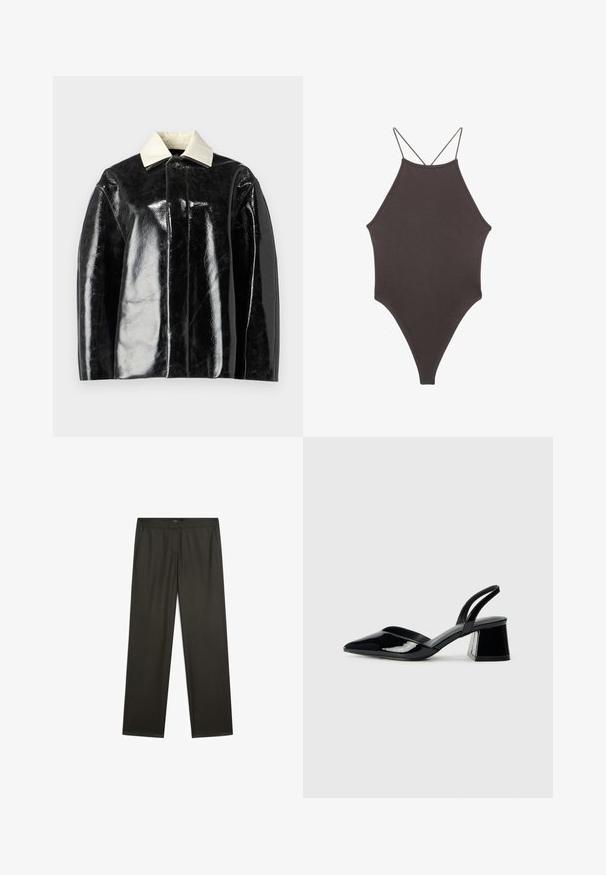 Svart blanka jacka med en strukturerad design, som har en krämvit krage och knäppning, tillverkad av ett slätt och glänsande material.; Brun, hög nacke baddräkt med tunna, justerbara remmar; har högskuren ben och slät textur. Inga mönster eller dekorationer.; Mörkgröna, vida byxor med en slät yta, elastisk midja och sidofickor. Enkelt design utan synliga mönster eller metalldetaljer.; Svarta lackläder slingback klackar med spetsig tå och geometrisk klack. Har en elegant, minimalistisk design och slät yta.