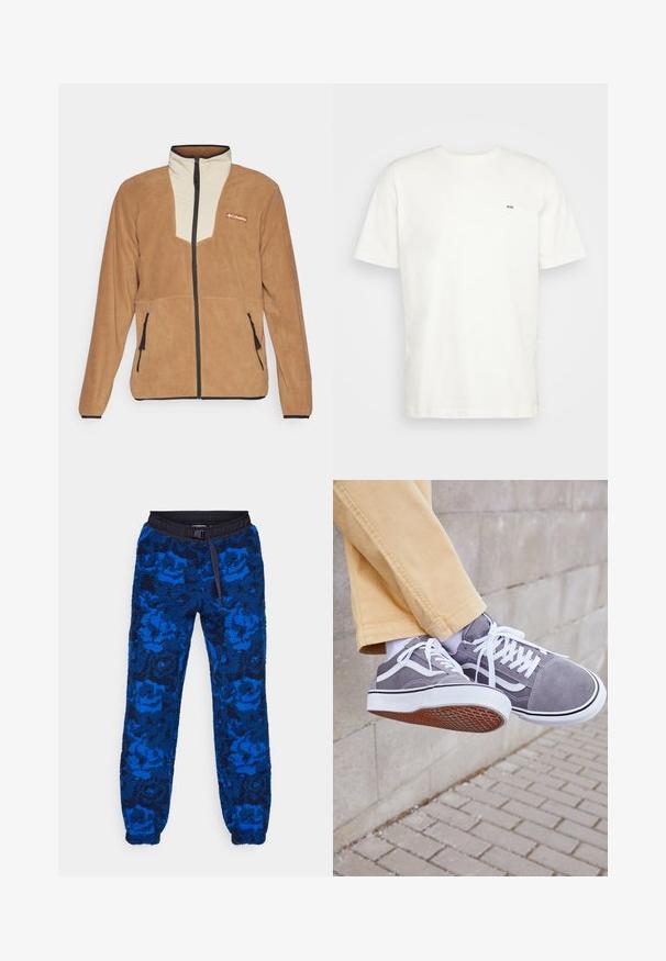 Rudas vilnos striukė su grietinėlės spalvos priekiu, juodu užtrauktuku, šoninėmis kišenėmis ir Columbia logotipu ant krūtinės.; Balta medvilninė marškinėlių su apvaliu iškirpimu, trumpomis rankovėmis ir mažuoju juodu "W.W." logotipu kairėje krūtinės pusėje. Lygi tekstūra, įprastas kirpimas.; Mėlynos švelnios jogger kelnės su gėlių motyvu, juodos elastingos juostos ir raišteliu. Textūruotas audinys su elastingomis rankovėmis ties kulkšnimis.; Pilki zomšiniai sportbačiai su baltais raišteliais, baltais padais ir tekstūruotu ruduo guminio pado. Išdėstyti lengvo akmens fone.