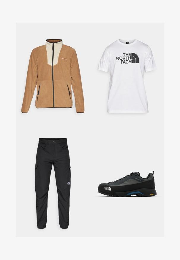 Braune Fleecejacke mit cremefarbenem Frontpanel, schwarzem Reißverschluss, Seitentaschen und dem Columbia-Logo auf der Brust.; Weißes Baumwoll-T-Shirt mit einem schwarzen Grafikdruck, der Text und ein geschwungenes Logodesign zeigt. Runder Halsausschnitt und kurze Ärmel. Schlichte Textur.; The North Face HORIZON PANT - Outdoor-Hose - black; The North Face VERTO ALPINE GORE TEX - Hikingschuh - asphalt grey/tnf black