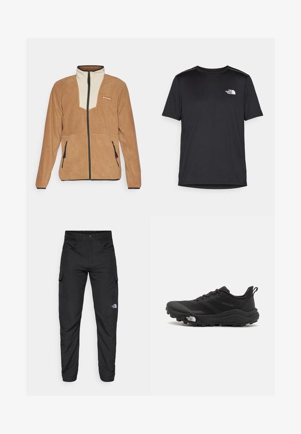 Brown fleece jacket with a cream-colored front panel, black zipper, side pockets, and Columbia logo on the chest.; Black short-sleeve T-shirt made from lightweight fabric. Features a small white logo on the left chest and subtle shoulder accents.; The North Face HORIZON PANT - Outdoor trousers - black; Black trail running shoe with a textured upper, rubber sole, and reinforced toe cap. Features a padded collar and pull tab for easy wear.