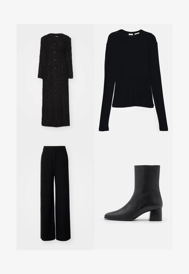 By Malene Birger SUSENNE - Téli kabát - black; Fekete, hosszú ujjú felső, puha szövetből készült, kerek nyakkivágással és laza szabással, az alján oldalhasítékokkal a mozgás könnyítése érdekében.; Fekete, bőszárú nadrág magas derékkal, sima anyagból, elöl gombos záródással, látható zsebek nélkül, testhezálló fazonnal.; Fekete bőr bokacsizma hegyes orral és vastag, négyzet alakú sarokkal. Simább felület, mondanivaló nélküli dizájn és minimalista varrás.