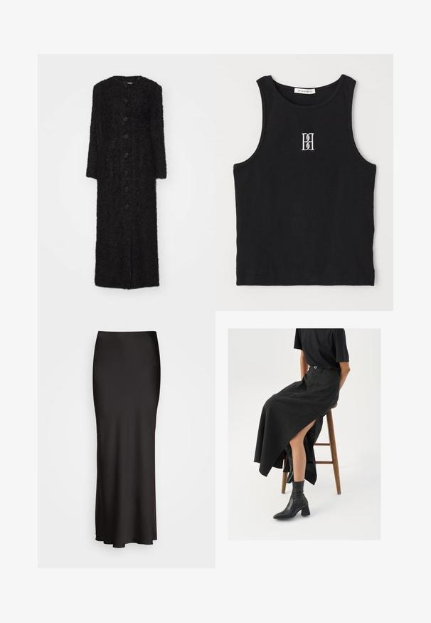 By Malene Birger SUSENNE - Žieminis paltas - black; Juodas raštuotas lieknas marškinėliai su apvalia iškirpte ir balta siuvinėta logotipu. Medžiaga yra glotni su pritaikytu siluetu.; Juodas, grindų ilgio satino sijonas su lygiu paviršiumi, prigludusia juosmens juosta ir A formos siluetu, neturintis matomų dekoracijų ar raštų.; Juoda lininė maksi sijonas su aukštu plyšiu, vilkimas su juodu marškinėliu ir juodais aulinukais. Minimalistinis dizainas su laisvu siluetu.