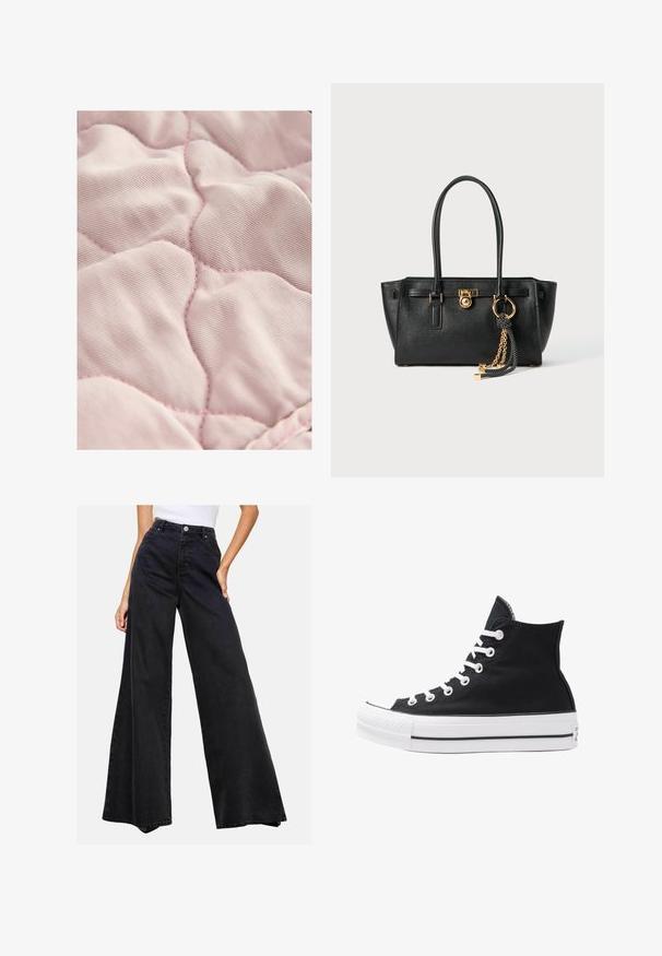 Gaiši rozā izšūta auduma ar gludu struktūru, ar dimanta formas šuvēm un maigi kontrastējošu diegu.; Krekls ar pogām, izgatavots no viegla auduma, ar vertikālām ziliem un baltajiem svītrām, klasisku apkakli un garām piedurknēm ar pogāmu aproci.; Melni platleği džinsi, izgatavoti no denima. Augsts viduklis ar pogu aizdari, ar vienkāršu dizainu un bez izteiktiem rakstiem vai akcentiem.; Augstie melnie kanvas sporta apavi ar baltām acs caurumiem, auklām un gumijas zoli. Iespējamais teksturēts purngals un melnbaltas svītras.; Melnas ādas rokassomu ar divām rokturiem, zelta slēdzi un ķēdes detaļu, kā arī melnbaltu pušķa aksesuāru uz balta fona.