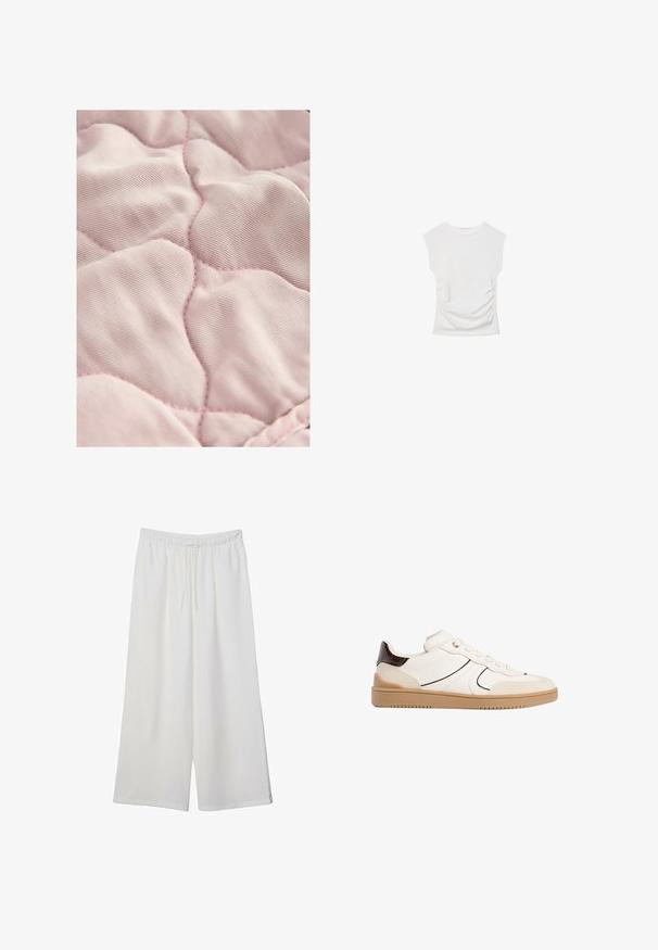 Light pink quilted fabric with a smooth texture, featuring diamond-shaped stitching and subtle contrasting thread.; White short-sleeve top with a round neckline. Features gathered texture along the sides and a fitted silhouette, made from soft, stretchy material.; White wide-leg trousers made of lightweight fabric, featuring an elastic waistband and a drawstring for adjustable fit. Smooth texture.; Stradivarius Trainers - white