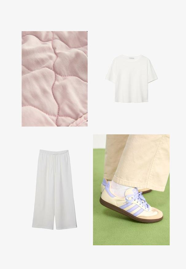 Svijetlo ružičasta quiltana tkanina s glatkom teksturom, koja ima šavove u obliku dijamanta i suptilnu kontrastnu nit.; Bijela majica kratkih rukava od pamuka. Ima okrugli izrez i opušteni kroj. Glatka tekstura bez vidljivih uzoraka ili naglasaka.; Bijele hlače širokog kroja izrađene od lagane tkanine, s elastičnim pojasom i vezicom za prilagodljivu veličinu. Glatka tekstura.; Kremasto-ljubičaste tenisice s tri pruge i strukturiranim smeškim potplatom, s vezicama i podstavljenim petom. Mekana gornja tkanina.