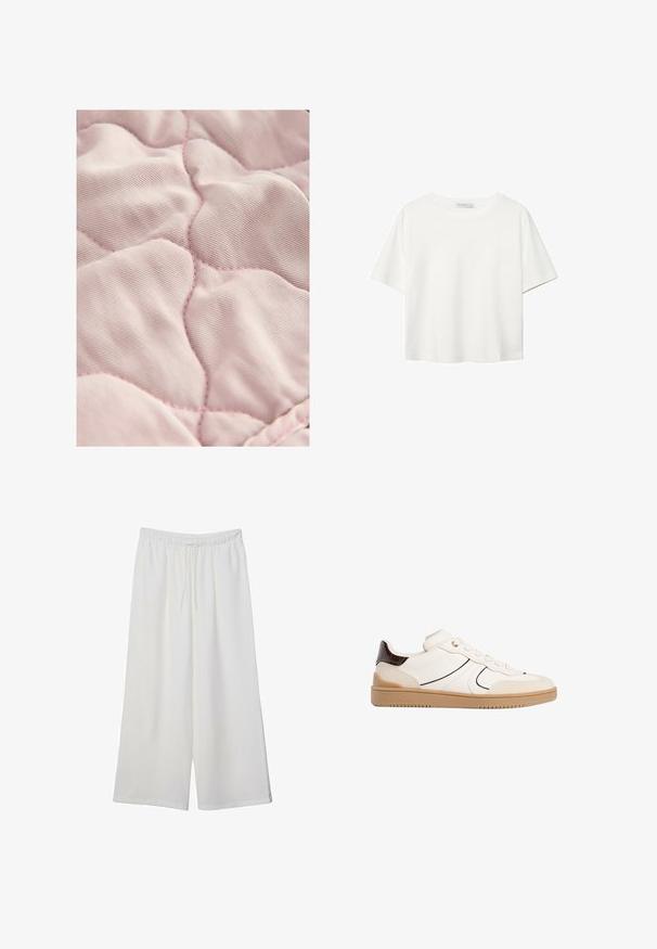 Svetloružová prešívaná látka s hladkým povrchom, s diamantovým vzorom a jemne kontrastnou niťou.; Biela krátkopsová tričko vyrobené z bavlny. Má okrúhly výstrih a voľný strih. Hladká textúra bez viditeľných vzorov alebo akcentov.; Biele široké nohavice z ľahkého materiálu s elastickým pásom a šnúrkou na nastavenie veľkosti. Hladká textúra.; Stradivarius Tenisky - white