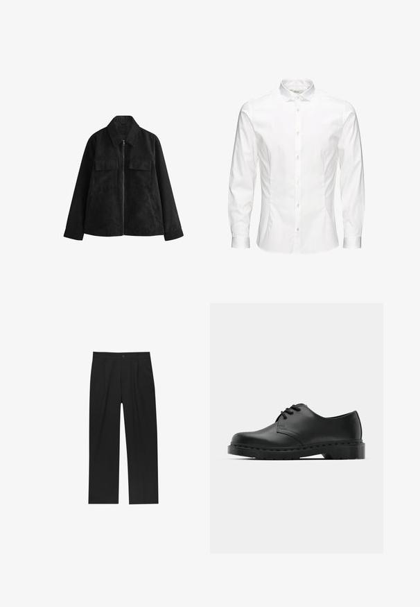 Veste en daim noir avec fermeture éclair à l'avant, col pointu, deux poches poitrine, poches latérales et manches longues. Texture douce, design ajusté.; Chemise blanche à manches longues avec boutons, fabriquée dans un tissu lisse. Dotée d'un col classique, de boutons sur le devant et de poignets à un bouton. Design ajusté.; Pantalons noirs au design droit, fabriqués à partir d'un tissu lisse. Dotés de plis sur le devant et d'une fermeture à un bouton à la taille.; Chaussure oxford en cuir noir avec un design à lacets, bout rond, semelle en caoutchouc plate et détails de surpiqûre discrets le long du dessus.