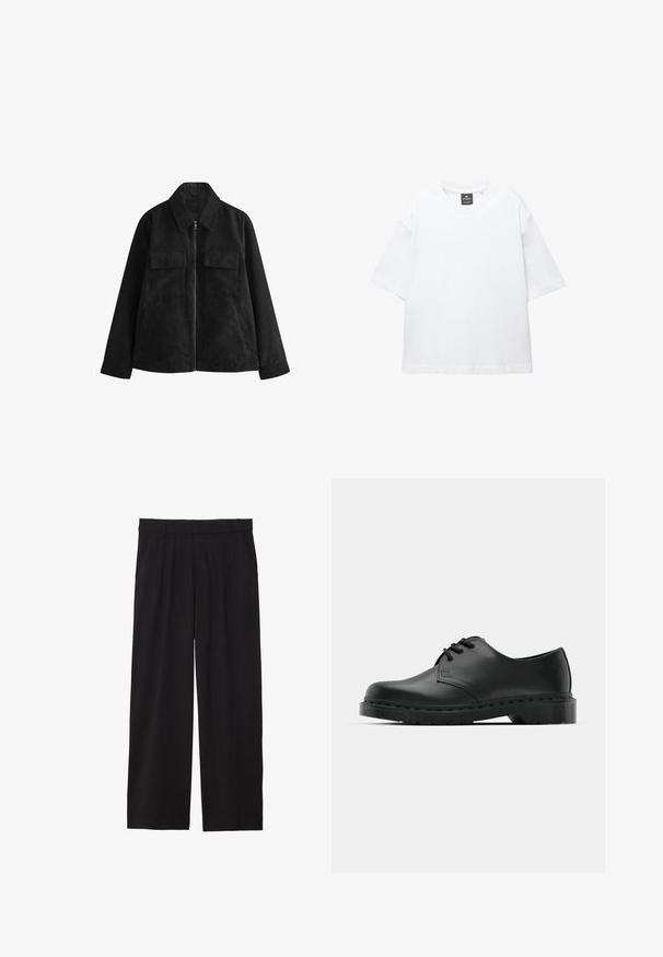 Sort ruskindjakke med lynlås foran, spidse krave, to brystlommer, sidelommer og lange ærmer. Blød tekstur, skræddersyet design.; Hvid kortærmet T-shirt lavet af bomuld, med rund halsudskæring og løs pasform med lige kant. Ingen mønstre eller udsmykninger.; Sorte brede bukser med en plisseret front, sidelommer og en glat stoftekstur. Designet til en afslappet pasform.; Sorte læder oxford-sko med snørebåndsdesign, rund tå, flad gummisål og subtil syning langs overdelen.