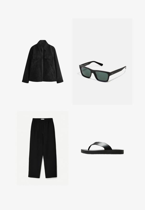 Giacca in suede nera con zip frontale, colletto a punta, due tasche sul petto, tasche laterali e maniche lunghe. Texture morbida, design su misura.; T-shirt bianco a maniche corte, realizzato in cotone morbido. Design a girocollo con una vestibilità comoda e senza loghi o motivi visibili.; Pantaloni neri a gamba larga realizzati in un tessuto leggero. Presentano una vita elasticizzata e una texture liscia. Senza motivi visibili o accessori.; Infradito neri con suola piatta, realizzati in materiale elegante. Presentano un design minimalista con una sola fascetta e una parte inferiore testurizzata.; Occhiali da sole neri rettangolari con lenti verdi, caratterizzati da una finitura opaca, aste dritte e il logo Ray-Ban sul lato.