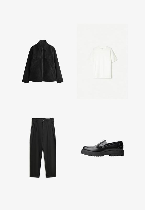 Giacca in suede nera con zip frontale, colletto a punta, due tasche sul petto, tasche laterali e maniche lunghe. Texture morbida, design su misura.; T-shirt bianco a maniche corte, realizzato in cotone morbido. Design a girocollo con una vestibilità comoda e senza loghi o motivi visibili.; Pantaloni in cotone neri con una vestibilità rilassata, dotati di una vita classica, pieghe frontali e tasche laterali. Tessuto liscio senza fantasie.; Mocassino in pelle nera con suola spessa e tassellata e fascia decorativa sulla parte superiore, mostrato in profilo sinistro su sfondo bianco.