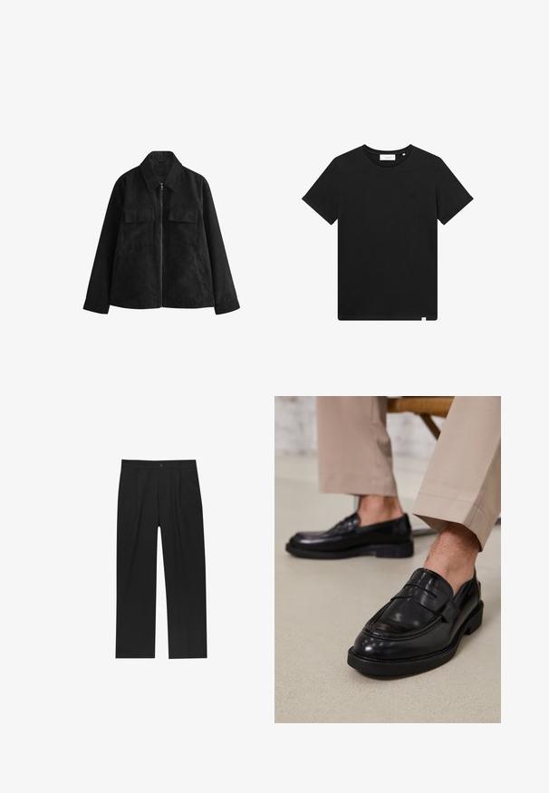 Schwarze Wildlederjacke mit Reißverschluss vorne, spitzem Kragen, zwei Brusttaschen, Seitentaschen und langen Ärmeln. Weicher Stoff, taillierter Schnitt.; Schwarzes T-Shirt mit kurzen Ärmeln aus Baumwolle, mit Rundhalsausschnitt und einem kleinen, auf der Brust gestickten Logo. Glatte Textur, normale Passform.; Schwarze Hose mit geradem Schnitt, aus einem glatten Stoff gefertigt. Verfügt über Vorderfalten und einen einzelnen Knopfverschluss an der Taille.; Schwarze Lederloafers mit glatter Oberfläche, ausgestattet mit einem dekorativen Riemen und Kontrastnähten, kombiniert mit beigen Hosen.