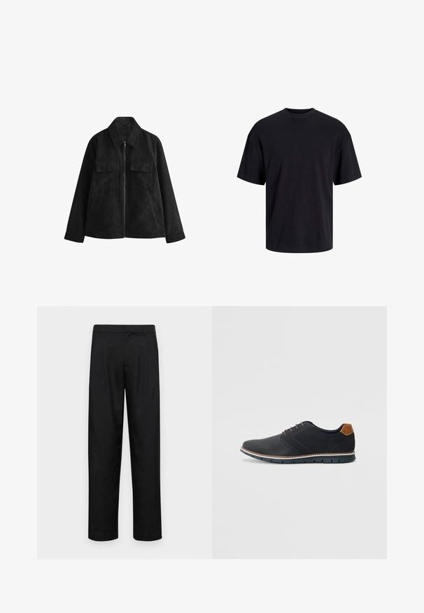 Melnas zamšādas jaka ar rāvējslēdzēja priekšpusi, norādītu apkakli, divām krūšu kabatām, sānu kabatām un garām piedurknēm. Mīksta tekstūra, pielāgota dizaina.; Melns kokvilnas T-krekls ar apaļu kakla izgriezumu, īsām piedurknēm un brīvu piegriezumu. Gluda tekstūra un nav redzamu rakstu vai akcentu.; Melnas bikses, izgatavotas no gludas auduma, ar taisnu kāju dizainu, divām priekšējām krokām un standarta jostu, kurai ir āķi.; Melni sintētiskie apavi ar struktūru augšdaļā, gludu akcentu, brūnu papēdi un kontrastējošu zoli. Iezīmē minimālu šņorēšanu un šuvju detaļas.