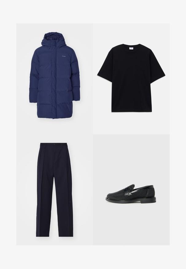 Jūras spēku tumši zila pūkaina jaka ar kapuci, ar rāvējslēdzēju un quilted tekstūru. Zīmols redzams augšējā kreisajā krūtī.; Melns īsām piedurknēm oversize T-krekls ar apaļu kakla izgriezumu un redzamu Filippa K zīmola birku iekškaklā.; Jūras zila, pieguļoša bikses ar taisnu kāju dizainu, izšuvumi priekšā, aizdare ar pogu un bez redzamām kabatām. Gluda auduma tekstūra.; Melnas austas slaidu kurpes ar gludu ādas akcentu augšpusē, apaļas formas purngalu un zemas profila gumijas zoli.