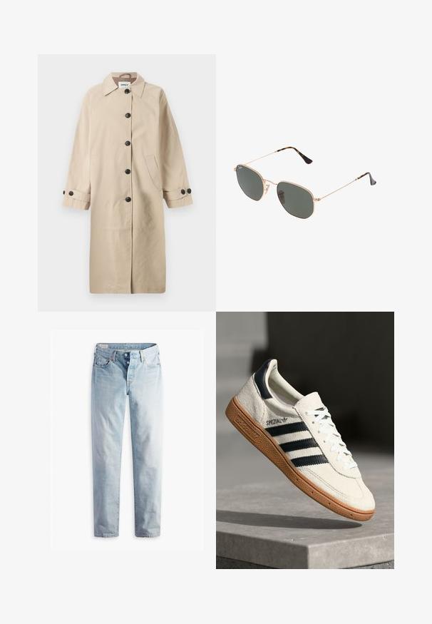 Bežs mētelis ar apkakles apkārtni, sešām melnām pogām, divām sānu kabatām un trīs ceturtdaļu piedurknēm ar pogu detaļām. Gluda tekstūra.; Pelēks adīts džemperis ar garām piedurknēm, ribotu apakšmalu un apaļu kakla izgriezumu. Mazs logotipa akcenti uz krūšu.; Gaiši zili džinsi ar taisno kāju griezumu, divām priekšējām kabatām un divām aizmugurējām kabatām. Ietver divu pogu jostas aizdari un smalkas šuves.; Baltas zamša kedas ar tumši ziliem svītrām, gumijas zole, teksturēts augšdaļa, apaļa purngala forma un auklas; sānos un mēlītē ir zīmola nosaukums.; Zelta metāla rāmis saulesbrilles ar tumši zaļiem stikliem, aviator stils, ar šaurām kājām un bruņu akcentiem uz galiem.