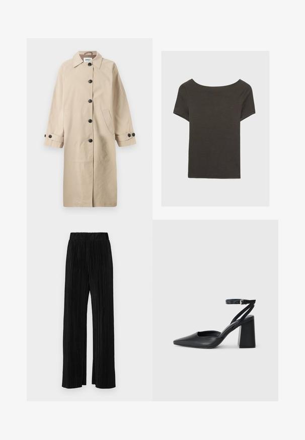 Bež plašč s ovratnikom, šestimi črnimi gumbi, dvema stranskima žepoma in rokavi do tri četrtine z gumbnimi detajli. Gladka tekstura.; Temno siva kratka majica s čolnasto izrezom. Narejena iz rebraste tkanine, ki ima sproščen kroj in čist rob. Preprost dizajn, brez vzorcev.; Črne plisirane hlače z elastičnim pasom. Imajo široke noge in gladko, teksturirano tkanino z navpičnimi črtami.; Črne usnjene klasične čevlje z ostrim nosom, z zaponko za gleženj in debelim peto. Ravna tekstura, eleganten dizajn in minimalistična estetika.
