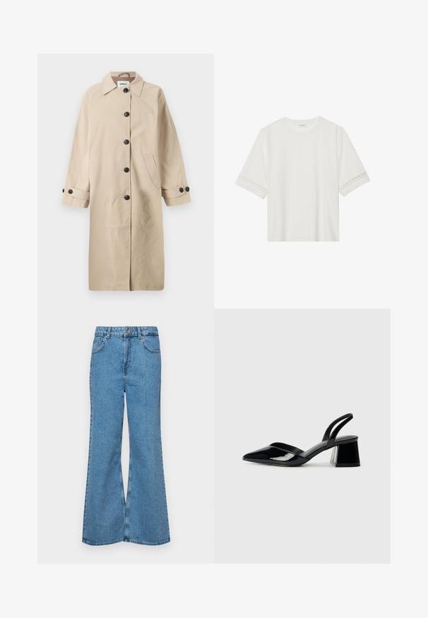 Beige jas met een kraag, zes zwarte knopen, twee zijzakken en driekwart mouwen met knoopdetails. Gladde textuur.; Witte korte mouwen t-shirt van katoen, met een decoratieve kantafwerking langs de mouwen en een ronde halslijn.; Lichtblauwe flared jeans van denim, met een hoge taille, vijf zakken en een enkele knoopsluiting. Zachte textuur met een vervaagde afwerking.; Zwarte gepatineerde leren slingback hakken met een spitse neus en een geometrische blokhak. Kenmerkt zich door een slank, minimalistisch ontwerp en een gladde textuur.
