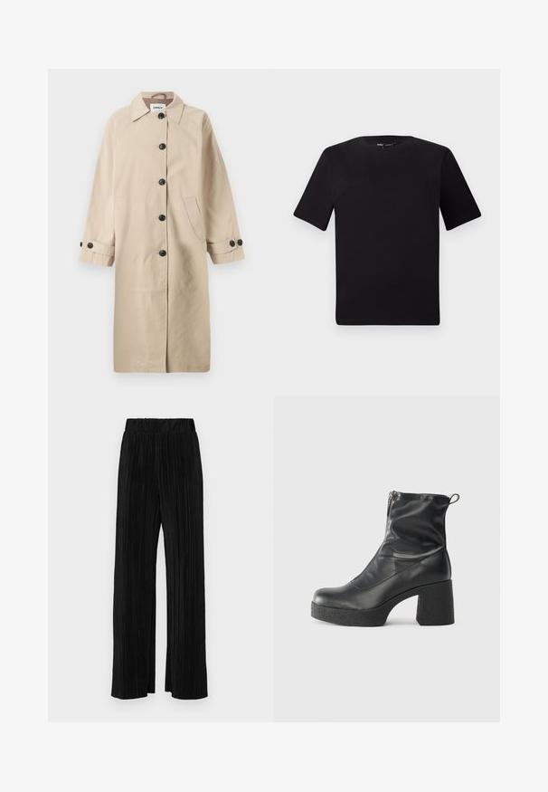 Beige coat with a collared neckline, six black buttons, two side pockets, and three-quarter sleeves with button details. Smooth texture.; Black short-sleeve t-shirt with a round neckline, crafted from soft cotton fabric. Simple design, no visible logos or patterns.; Black pleated trousers with an elastic waistband. Features wide legs and a smooth, textured fabric with vertical stripes.; Black ankle boots made of smooth leather, featuring a side zipper, chunky textured heel, and rounded toe design.