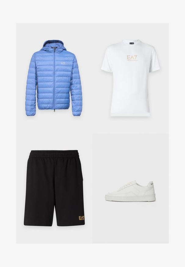 Jasnoniebieska kurtka typu puffer z zamkiem z przodu i kapturem. Posiada pikowany wzór, gładką fakturę oraz logo na górnej lewej części klatki piersiowej.; Biała bawełniana koszulka z okrągłym dekoltem i krótkimi rękawami, z nadrukowanym z przodu złotym logo EA7 Emporio Armani.; Czarne sportowe szorty wykonane z miękkiego materiału, z elastycznym paskiem w talii oraz małym, żółtym logo EA7 na dolnej lewej nodze.; Białe skórzane sneakersy o gładkim wykończeniu, okrągłym nosku, płaskich sznurówkach i teksturowanej podeszwie. Charakteryzują się delikatnym logo na pięcie.