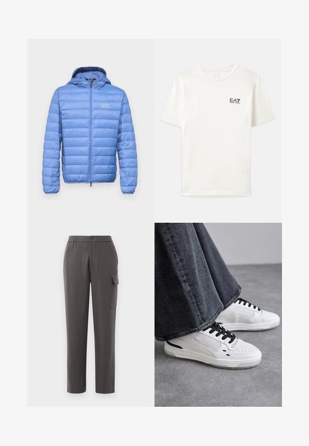 Světle modrá péřová bunda s předním zipem a kapucí. Má prošívaný vzor, hladkou texturu a logo na levé straně hrudi.; Bílá bavlněná trička s krátkými rukávy, kulatým výstřihem a malým černým logem EA7 na levé části hrudi. Hladká textura, standardní střih.; Šedé kalhoty s volným střihem, vyrobené z hladkého materiálu. Obsahují zapínání na knoflík, boční kapsy a cargo kapsu na nohavici.; Bílé tenisky s černými tkaničkami a síťovinou. Mají hladký kožený svršek a texturovanou gumovou podrážku. Doplňují je široké šedé džíny.