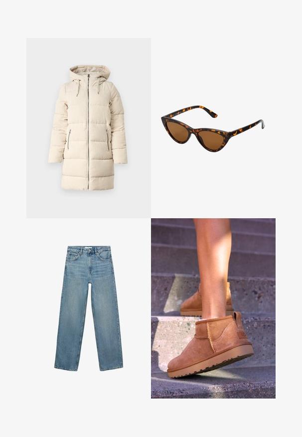Beige puffer coat with a textured corduroy pattern, zip front, adjustable hood, and two side zip pockets, featuring a long, fitted design.; Brown knitted sweater with a high ribbed collar, wide sleeves, and a soft texture. Features a relaxed fit and ribbed accents on the sleeves.; Light blue denim jeans with a straight leg design, high waist, five pockets, and contrast stitching. No embellishments or patterns present.; Tan suede ankle boots with a soft texture, stitched detailing, and a rubber sole, featuring a looped heel for easy wear.; Cat-eye sunglasses with a black and orange tortoiseshell frame, brown lenses, and sleek, pointed tips. Features a minimal logo on the temple.