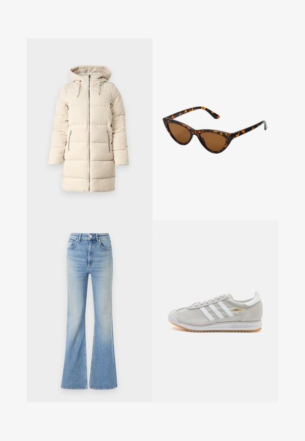 Cappotto imbottito beige con un motivo a coste testurizzato, chiusura con zip davanti, cappuccio regolabile e due tasche laterali con zip, caratterizzato da un design lungo e aderente.; ONLY ONLMELITA O NECK - Maglione - winter moss; Jeans flared di colore blu chiaro in denim, dotati di vita alta, design a cinque tasche e una leggera sfumatura verso l'orlo.; Sneaker grigio chiaro realizzato in suede e rete, con tre strisce bianche, punta arrotondata e suola in gomma color caramello. Accento del logo dorato vicino ai lacci.; Occhiali da sole cat-eye con una montatura tartarugata nera e arancione, lenti marroni e punte affusolate e eleganti. Presentano un logo minimale sulla asta.
