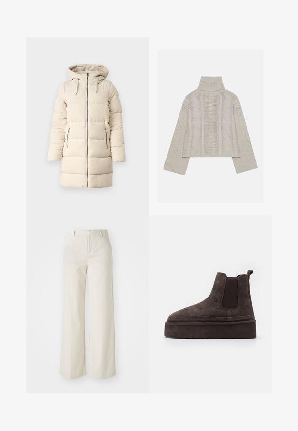 Manteau matelassé beige avec un motif en velours côtelé texturé, fermeture éclair sur le devant, capuche ajustable et deux poches latérales zippées, présentant une coupe longue et ajustée.; Pull en tricot gris clair, court, avec un col montant et des poignets côtelés, présentant des motifs en relief en câble sur le dos et sur les côtés.; Pantalons évasés de couleur beige clair, fabriqués dans un tissu lisse. Dotés d'une taille classique et d'un devant plat aux lignes épurées.; Bottes Chelsea en suède marron avec des panneaux latéraux élastiques et une semelle épaisse et texturée. Elles comportent une languette au talon pour un enfilage facile.
