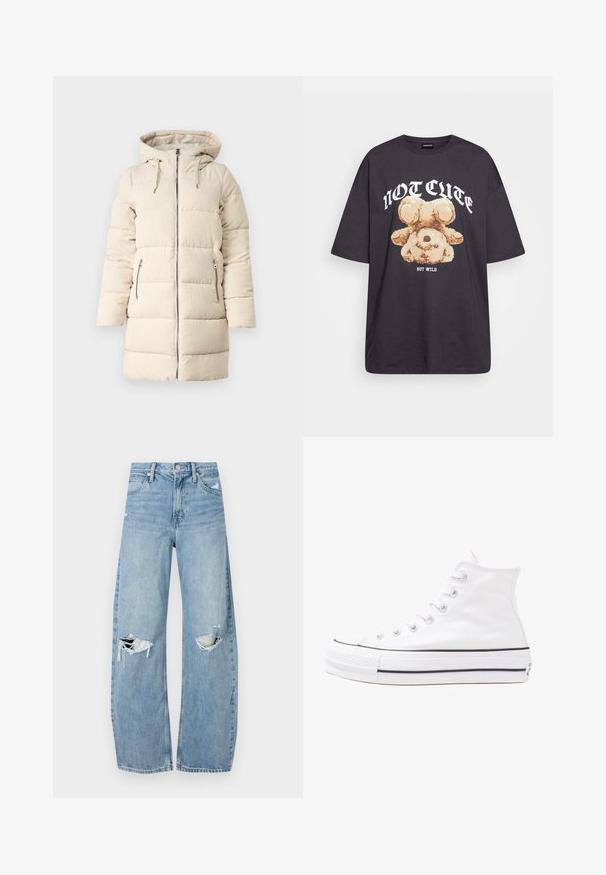 Abrigo tipo plumas beige con un patrón texturizado de pana, cierre delantero con cremallera, capucha ajustable y dos bolsillos laterales con cremallera, que presenta un diseño largo y entallado.; Camiseta negra de gran tamaño con un gráfico de un oso y el texto "NO LINDO SINO SALVAJE" en letras blancas y en negrita. Material de algodón.; Vaqueros de mezclilla de tiro alto en azul claro. Tienen piernas anchas, dos áreas desgastadas en las rodillas y un estilo clásico de cinco bolsillos.; Zapatilla de lona alta blanca con suela de goma negra, puntera de goma frontal y seis ojetes para los cordones, que presenta un diseño limpio y minimalista.
