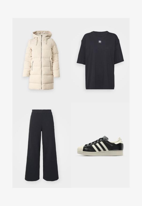 Abrigo tipo plumas beige con un patrón texturizado de pana, cierre delantero con cremallera, capucha ajustable y dos bolsillos laterales con cremallera, que presenta un diseño largo y entallado.; Camiseta de algodón negra con mangas cortas, cuello redondo, presenta un logo blanco de Adidas en el pecho. Diseño simple, ajuste relajado.; Pantalones de chándal negros de pierna ancha, hechos de una tela suave, con una cintura elástica y un pequeño logo en el lado izquierdo.; Zapatilla de cuero negro con rayas blancas, puntera de goma, cordones negros y suela color crema. Textura suave con acabado brillante.