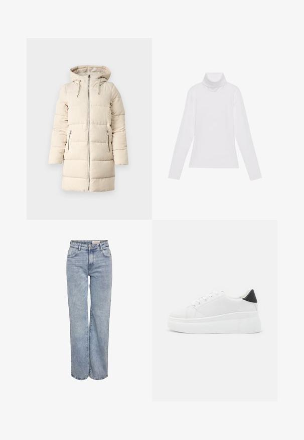 Beige Steppjacke mit strukturiertem Cordmuster, Reißverschluss vorne, verstellbare Kapuze und zwei seitlichen Reißverschlusstaschen, mit einem langen, enganliegenden Design.; Weißes Langarm-Turtleneck-Oberteil aus glattem, elastischem Stoff. Mit hohem Kragen und tailliertem Schnitt, ohne sichtbare Muster oder Verzierungen.; Hellblau weite Jeans aus Denim, mit hoher Taille, fünf Taschen-Design und subtilen Ausbleichungen für einen eingesessenen Look.; Weiße Plateausneaker aus glattem Kunstmaterial, mit runder Zehenform, Schnürdesign und einer strukturierten Gummisohle. Schwarzer Fersenakzent.