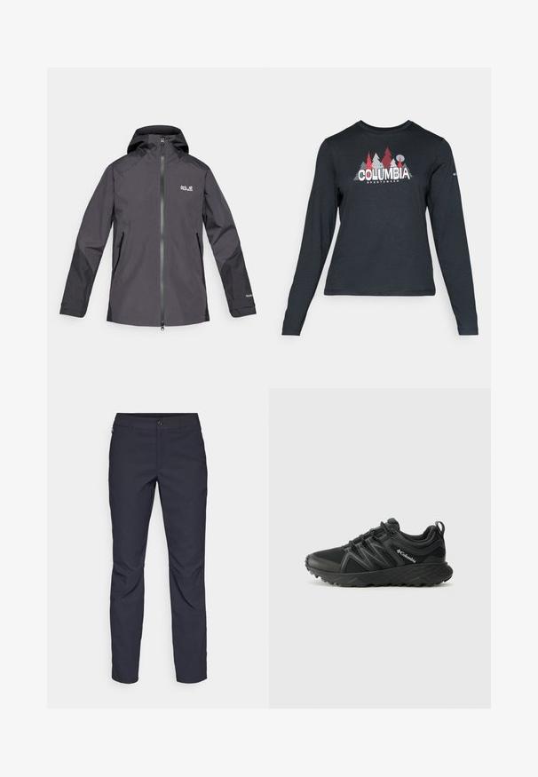 Casaco preto resistente à água com fecho de correr frontal, capuz ajustável e dois bolsos laterais; apresenta logótipo no peito esquerdo e mangas texturizadas.; Camisa de mangas longas cinza escuro com um gráfico de árvores vermelhas e montanhas; logótipo "COLUMBIA" em texto branco em negrito. Tecido suave, cuello redondo padrão.; Calças azul-marinho feitas de tecido liso, com fecho frontal em botão, design slim-fit e detalhes pregueados nos joelhos.; Columbia PEAKFREAK - Sapatos de caminhada - black