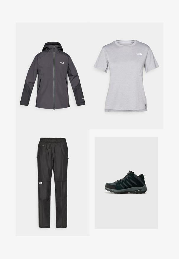 Vedenpitävä musta takki vetoketjulla edessä, säädettävällä hupulla ja kahdella sivutaskulla; vasemmassa rinnassa logo ja teksturoidut hihat.; Harmaa lyhythihainen t-paita, joka on valmistettu pehmeästä, kosteutta siirtävästä kankaasta. Siinä on pyöreä kaula-aukko ja pieni valkoinen logo vasemmassa yläkulmassa.; Mustat vettä hylkivät housut kevyestä kankaasta, joissa on joustava vyötärö, sivutaskut ja logo vasemmassa lahkeessa.; Columbia REDMOND - Vaelluskengät - black/citron haze