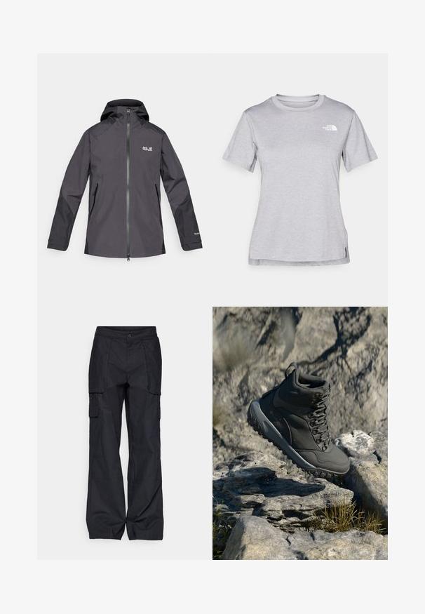Water-resistant black jacket with a zippered front, adjustable hood, and two side pockets; features logo on the left chest and textured sleeves.; Grey short-sleeve t-shirt made of soft, moisture-wicking fabric. Features a crew neck and a small white logo on the upper left.; Columbia BREA FALLS™ COTTON RIPSTOP PANT - Outdoor trousers - black; Dark gray hiking boot made of synthetic material, featuring a padded collar, metal eyelets, and textured rubber sole for traction.