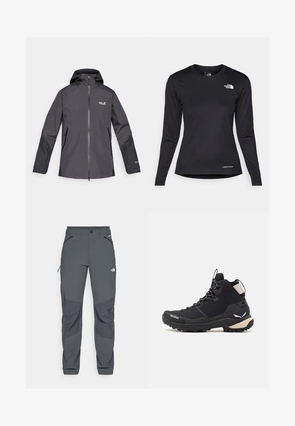 Voděodolná černá bunda se zipem vpředu, nastavitelnou kapucí a dvěma bočními kapsami; na levé straně hrudi je logo a rukávy mají texturovaný vzhled.; The North Face SHADOW LONG SLEEVE - Top s dlouhým rukávem - black; Tmavě šedé venkovní kalhoty s vyztuženými kolenními částmi, zipovými kapsami po stranách a vpředu, s knoflíkovým zapínáním a logem The North Face na stehně.; Salewa PUEZ MID PTX - Trekingové boty - black