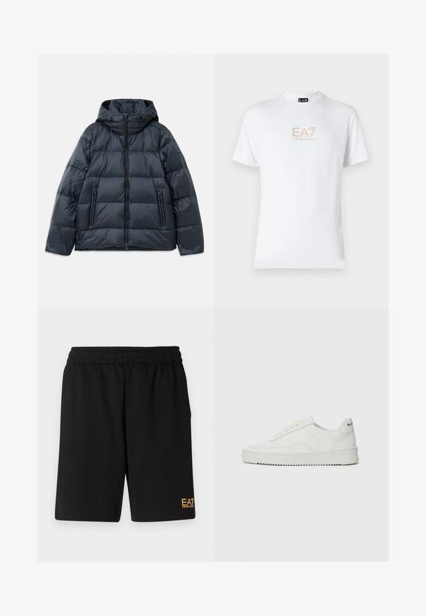 Temna mornarsko modra puhasta jakna s kapuco, prešita zasnova, sprednja zadrga in dve zadrgani stranski žepi; gladka, sijoča tekstura.; Bela bombažna majica s krožnim izrezom in kratkimi rokavi, s pozlačenim logotipom EA7 Emporio Armani natisnjenim spredaj.; Črne športne kratke hlače iz mehkega blaga, z elastičnim pasom in majhnim rumenim logotipom EA7 na spodnjem levem delu noge.; Bela usnjena športna obutev z gladko površino, okroglo prst, ravne vezalke in teksturiran podplat. Ima diskretno logo na peti.