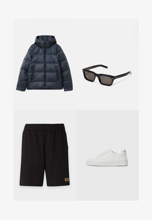 Mörkblå puffjacka med huva, kviltad design, framfickslå och två sidofickor med dragkedja; slät, glänsande yta.; Vit bomull t-shirt med rund halsringning och korta ärmar, med en guld EA7 Emporio Armani-logotyp tryckt på framsidan.; Svarta träningsshorts i mjukt tyg, med ett elastiskt midjeband och en liten gul EA7-logotyp på nedre vänstra benet.; Vita lädersneakers med en jämn yta, rund tå, platta snörningar och en strukturerad sula. Har en diskret logotyp på hälen.; Svarta rektangulära solglasögon med mörka linser, tjock plastbåge, guldfinish på skalmarna och varumärkeslogotyp graverad på armen.