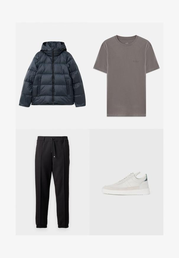 Dark navy puffer jacket with a hood, quilted design, front zip closure, and two zippered side pockets; smooth, glossy texture.; Gray short-sleeve t-shirt made of soft cotton. Round neckline with a small embossed logo on the left chest. Smooth texture, regular fit.; Black trousers with a waistband, drawstring, and elastic cuffs. Features pleats and a smooth, textured fabric.; White leather sneakers with gray suede accents, lace-up design, pull tab, and textured rubber sole featuring a zigzag pattern.