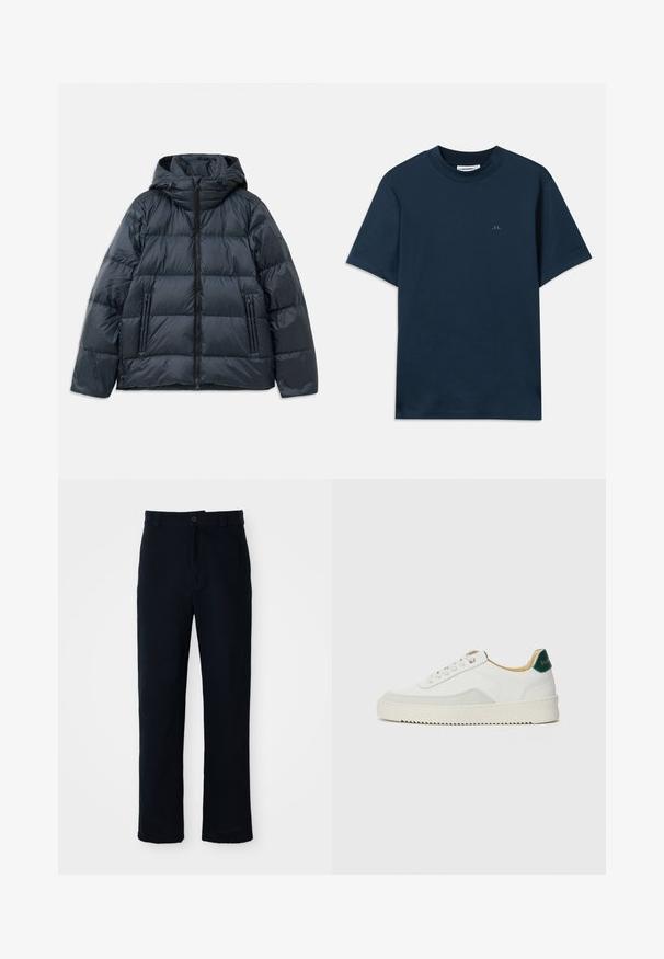 Casaco puffer azul marinho escuro com capuz, design acolchoado, fecho frontal com zíper e dois bolsos laterais com zíper; textura lisa e brilhante.; T-shirt de algodão azul-marinho com gola redonda, mangas curtas e um logótipo discreto estampado no peito. Textura suave e corte clássico.; Calças azul marinho em algodão, com um design de perna reta, fecho frontal com botão e cinta clássica com passantes para cinto.; Tênis brancos com detalhes em camurça, bico arredondado, atacadores planos e sola de borracha creme. Apresenta uma marcação verde no calcanhar.
