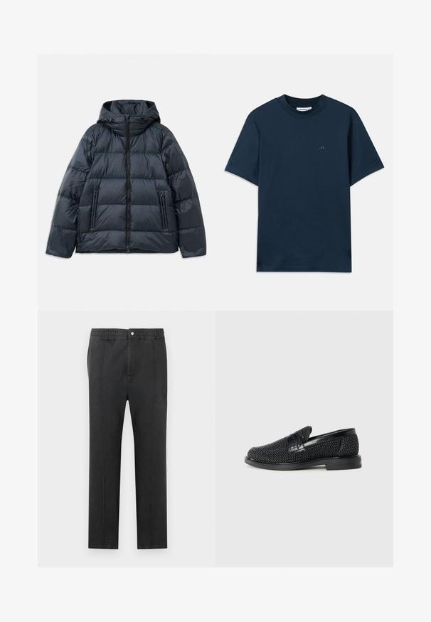 Dark navy puffer jacket with a hood, quilted design, front zip closure, and two zippered side pockets; smooth, glossy texture.; Navy blue cotton t-shirt with a crew neck, short sleeves, and a subtle logo printed on the chest. Smooth texture and classic fit.; Black pants with an elastic waistband, flat front, two side pockets, and decorative stitching. No visible patterns or hardware details.; Black woven slip-on shoe with a smooth leather accent on the upper, a round toe design, and a low-profile rubber sole.