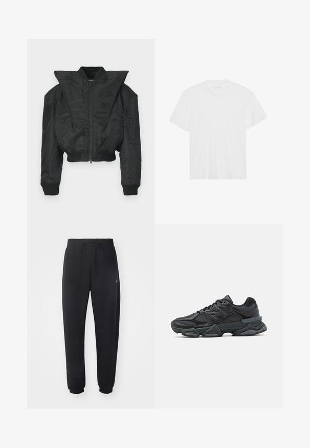 Black bomber jacket with a cropped design, wide collar, ribbed cuffs, and zippered side pocket. Made of smooth, lightweight fabric.; White cotton t-shirt with short sleeves, crew neckline, and straight hem. Smooth texture, minimalistic design without patterns or accents.; Black sweatpants made of soft material with an elastic waistband, drawstring, and tapered cuffs, featuring a subtle logo on the side.; Black running shoe featuring a mix of mesh and synthetic materials, chunky sole, curved design, and prominent branding on the side.