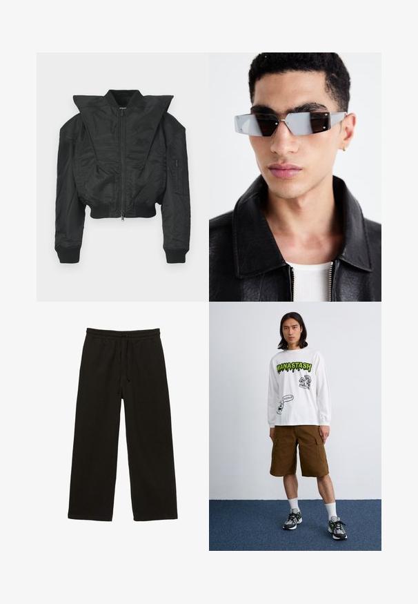 Czarna kurtka bomberka o skróconym kroju, szerokim kołnierzu, ściągaczowych mankietach i zapinana na zamek kieszeń boczna. Wykonana z gładkiej, lekkiej tkaniny.; Czarna koszulka z krótkim rękawem, wykonana z miękkiej bawełny. Klasyczny okrągły dekolt i luźny krój, bez widocznych wzorów czy detali metalowych.; Czarne spodnie w szerokim kroju z elastycznym pasem i sznurkiem, wykonane z miękkiej tkaniny w prążki.; Biała koszulka z długim rękawem z czarnymi i zielonymi grafikami, połączona z brązowymi szortami cargo i wielokolorowymi trampkami. Proste tło.; Kątowe, szare okulary przeciwsłoneczne z metalowymi elementami w kolorze srebrnym, na jasnym tle. Soczewki mają unikalny, geometryczny kształt.