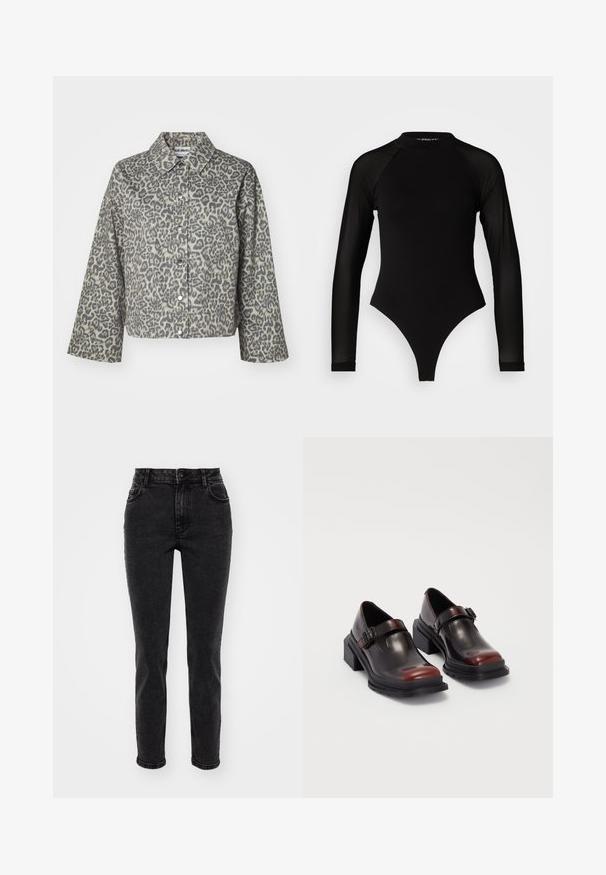 Veste imprimée léopard avec un col, fermeture à boutons-pression, manches longues et coupe ample. La texture du tissu semble durable.; Bodysuit noir à manches longues avec col haut, doté d'un tissu solide sur le torse et de manches en maille transparente, conçu dans une coupe ajustée.; Jeans en denim noir avec une coupe droite, un design à cinq poches, des passants de ceinture standards et une texture lisse. Fermeture à bouton à l'avant.; Chaussures à talons carrés en cuir avec une finition bordeaux foncé brillante, dotées d'une sangle avec boucle et d'un design à bout arrondi. Semelle texturée pour une meilleure adhérence.