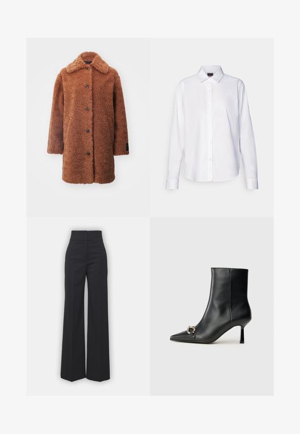HUGO MIMINA - Casaco clássico - rust/copper; Camisa branca de mangas longas com botões, feita de algodão. Apresenta um colarinho clássico e um discreto bordado da marca no peito. Textura suave.; Calças largas em tecido preto com um cós alto, apresentando um acabamento limpo e uma textura suave. Sem hardware ou padrões visíveis.; Bota preta de couro até ao tornozelo com bico apontado, salto slim de altura média e detalhe em fivela prateada de lado, contra um fundo simples.