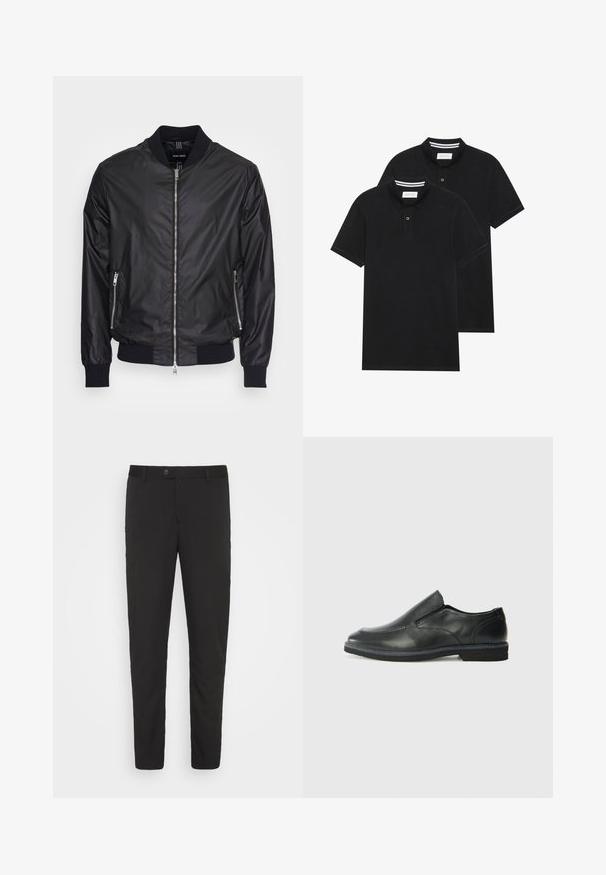 Antony Morato COAT REGULAR FIT IN PRINTED MICRO SQUARE MOTIF - Blusão aviador - black; Duas camisetas polo pretas, de manga curta, em material de algodão, com colarinho clássico, abertura com dois botões e detalhes em riscas brancas no interior do colarinho.; Calças pretas, ajustadas, com um design de perna reta, bolsos frontais e fecho de botão. Feitas de um tecido suave com um ligeiro brilho.; Sapato slip-on preto em pele com um upper liso, acabamentos cosidos, bico arredondado e um salto de borracha baixo. A sola apresenta um padrão de aderência mínimo.