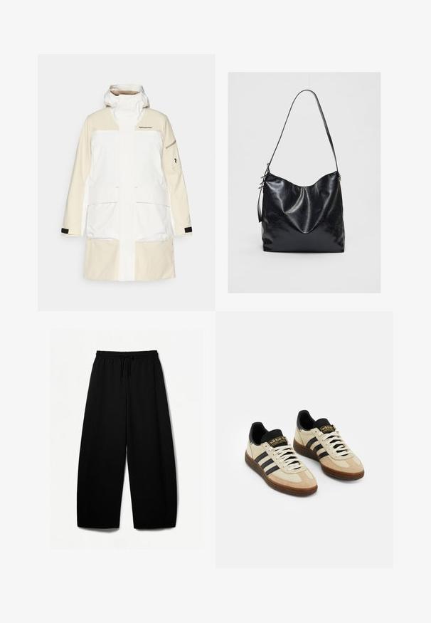 Weiße und cremefarbene wasserdichte Jacke mit hohem Kragen, großen Vordertaschen und schwarzen Akzenten an den Ärmeln. Mit einem Markenlogo auf der Brust.; Helle beige, kurz geschnittene Sweater, aus weichem Strickstoff, mit weitem Ausschnitt, überschnittenen Schultern sowie gerippten Bündchen und Saum.; Schwarze weit geschnittene Hosen mit elastischem Bund und Kordelzug. Weicher Stoff mit glatter Textur. Gerader Schnitt mit Seitennähten.; Beige Wildleder-Sportschuhe mit schwarzen Lederakzenten, weißen Schnürsenkeln und brauner Gummisohle. Drei schwarze Streifen auf jeder Seite.; Schwarze Leder-Schultertasche mit einer weichen, strukturierten Oberfläche. Sie hat ein geschwungenes Design und einen einzelnen verstellbaren Tragegurt. Kein zusätzliches Zubehör.