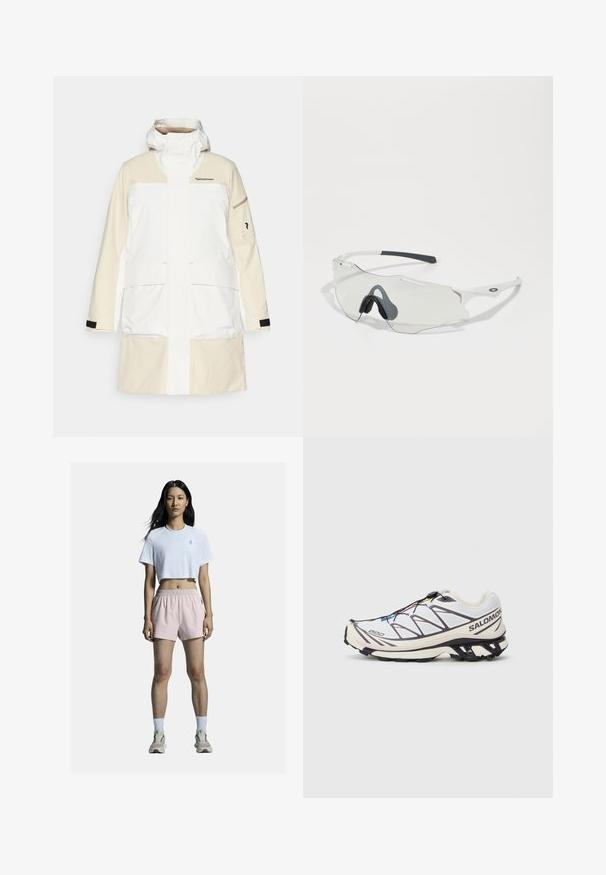 Chaqueta impermeable blanca y crema con un alto collar, grandes bolsillos frontales y detalles en negro en las mangas. Presenta un logo de la marca en el pecho.; Top corto de manga larga en gris claro, hecho de tela elástica, con un escote redondeado y un diseño elegante. Combinado con leggings negros de tiro alto.; Camiseta blanca cortada con logo, combinada con pantalones cortos deportivos rosa claro que tienen una cintura elástica. Medias blancas y zapatillas neutras completan el atuendo.; Zapatilla de correr Salomon con parte superior de malla blanca y acentos morados, suela texturizada y mecanismo de lazada rápida.; Gafas de sol con lentes transparentes, montura blanca y almohadillas de nariz de goma gris. Presentan un diseño elegante, forma angular y acentos mínimos en el hardware.; Bolso negro de hombro hecho de tela texturizada, con un diseño diagonal, correa ajustable y cierres de cordón a los lados.