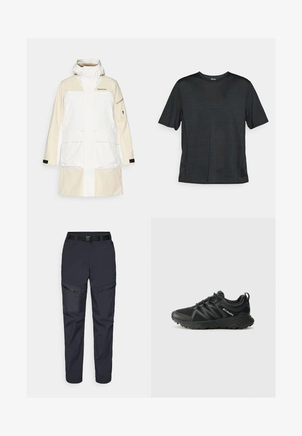 Bijela i krem vodootporna jakna s visokim ovratnikom, velikim prednjim džepovima i crnim detaljima na rukavima. Sadrži brendirani logotip na prsima.; Crna kratka sportska majica kratkih rukava od laganog, prozračnog materijala koji upija vlagu. Ima okrugli izrez i mali logo na prsima.; Mornarske hlače za vanjske aktivnosti napravljene od sintetičkog materijala, sa zatvorenim džepovima na patentni zatvarač, remenom i dizajnom sužene nogavice. Glatka tekstura s minimalnim akcentima.; Columbia PEAKFREAK - Obuća za pješačenje - black