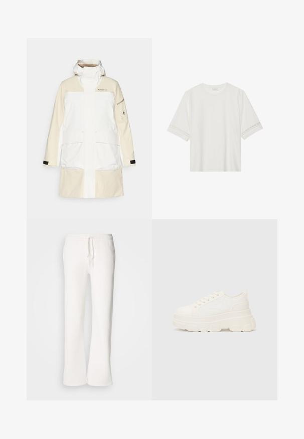 Bílá a krémová voděodolná bunda s vysokým límcem, velkými předními kapsami a černými detailem na rukávech. Disponuje značkovým logem na hrudi.; Bílé tričko s krátkým rukávem vyrobené z bavlny, s dekorativní krajkovou aplikací na rukávech a kulatým výstřihem.; Bílé, volné tepláky vyrobené z měkké tkaniny, s elastickým pasem a šňůrkou a rovnými nohavicemi.; Bílé plátěné tenisky s robustní podrážkou, zaoblenou špičkou a pěti otvory pro tkaničky. Zádový pásek pro snadné obouvání. Hladký povrch, minimalistický design.