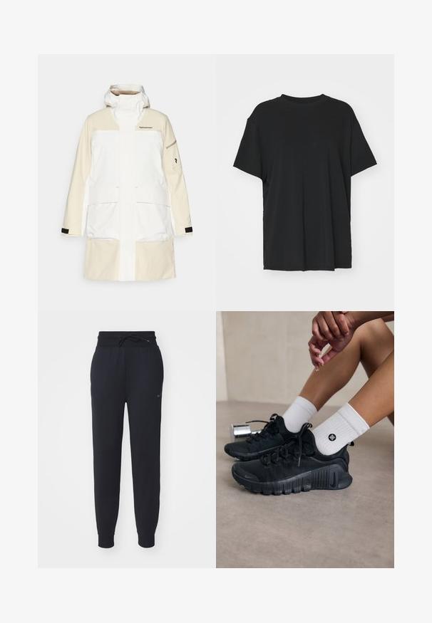 White and cream waterproof jacket with a high collar, large front pockets, and black accents on sleeves. Features branded logo on chest.; Black short-sleeve t-shirt made of smooth fabric, with a crew neck and loose fit. Features side slits for added comfort and breathability.; Black jogger pants made of soft fabric, featuring an elastic waistband with drawstring, side pockets, and a subtle logo on the left thigh.; Black athletic shoes with textured fabric, laced design, and a prominent sole, paired with white ribbed socks featuring a small logo.